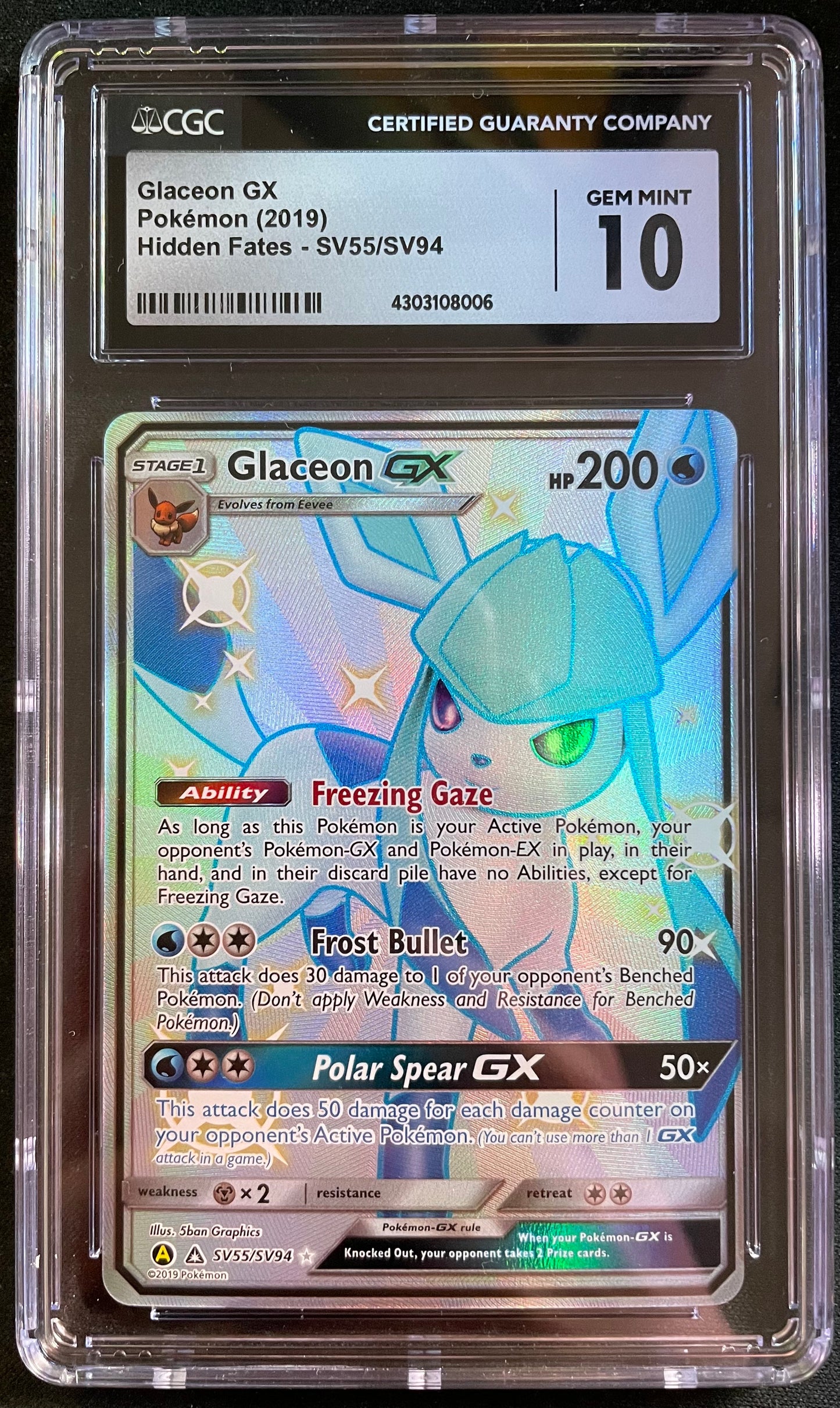 CGC GEM MINT 10 Glaceon GX Hidden Fates SV55/SV94